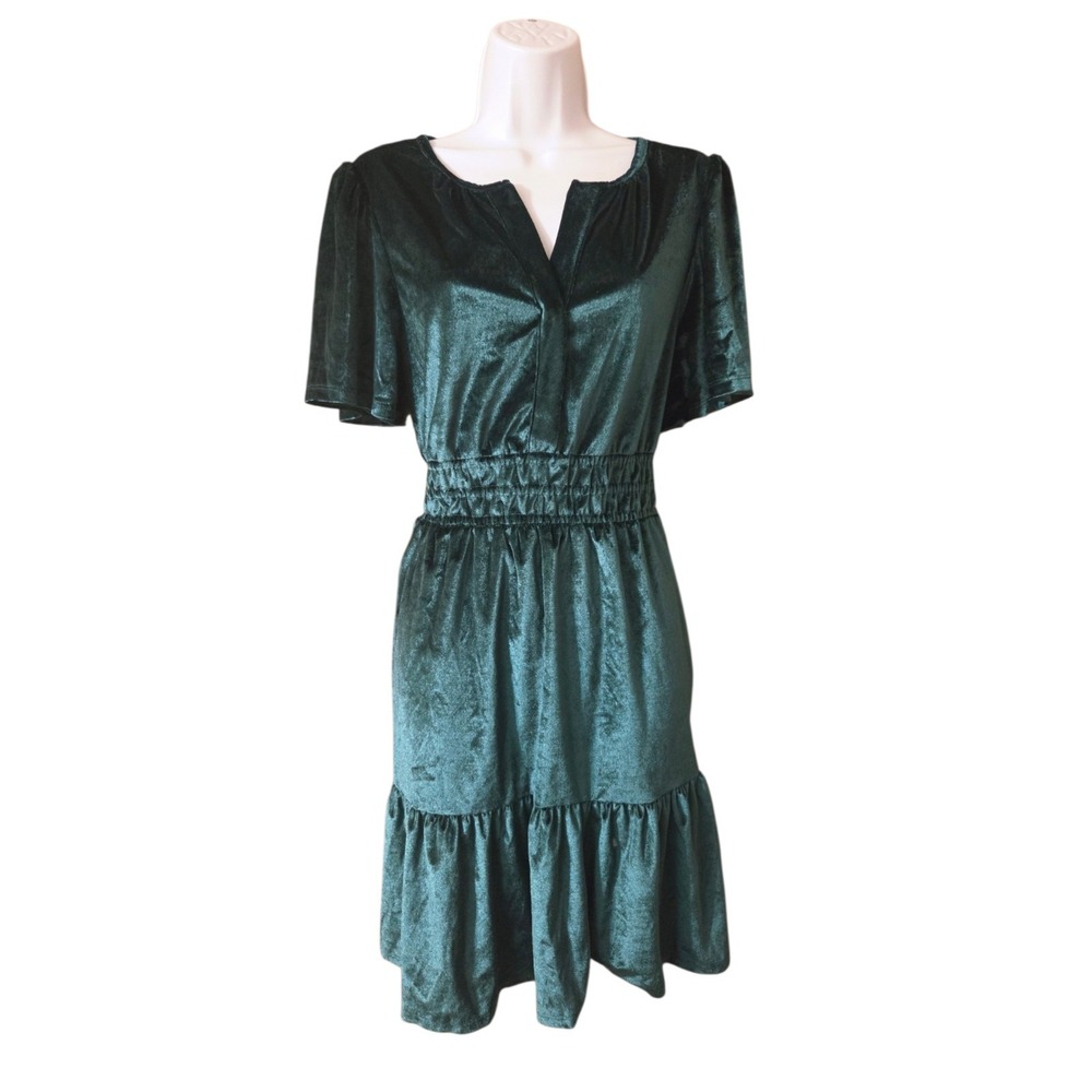 Hunter Green Velour Short-Sleeve V-Neck Mini A-line party Dress M/L NWT